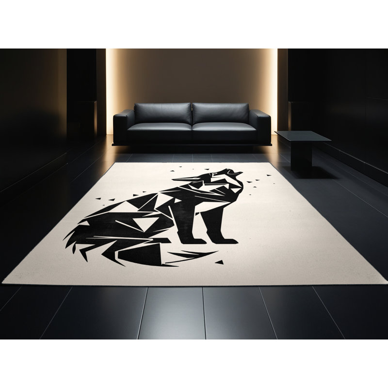Machine Washable Osazee Coyote Modern Rustic Geometric Rug in Beige – Black Binding, 8x10