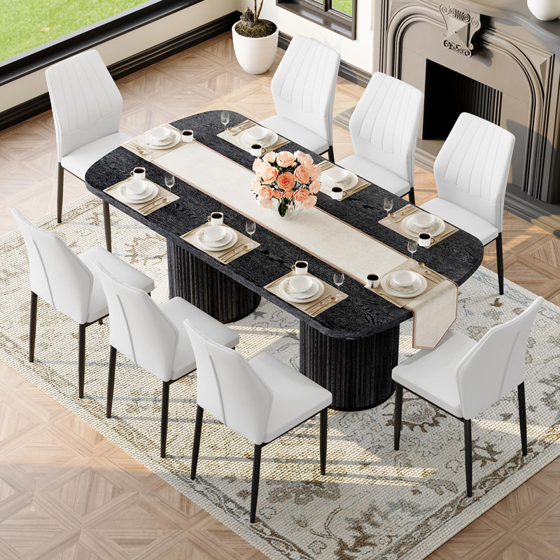 Ensemble de table de salle à manger de 79 po pour 8 personnes, grand ensemble de table de salle à manger pour 8 personnes avec base à double piédestal cannelée et chaises rembourrées