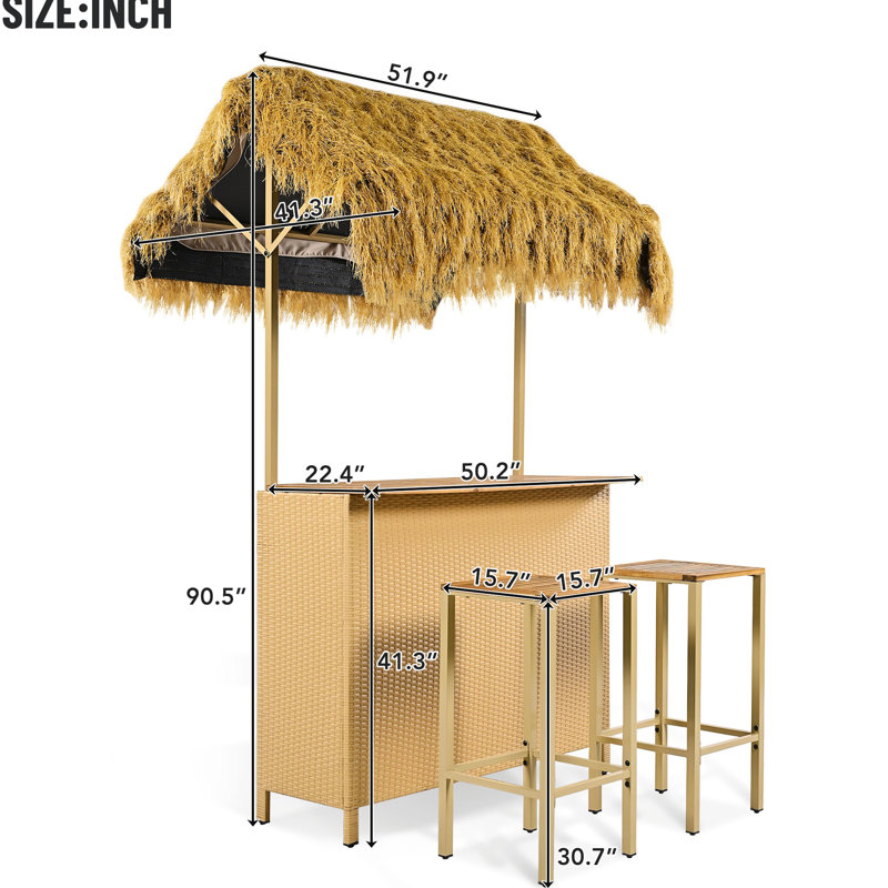 Outdoor Bar With Hawaiian Vibe And Adjustable Feet, Pe Grass Canopy, Wood, Spacious Storage In Theme, Strong For Enjoyment