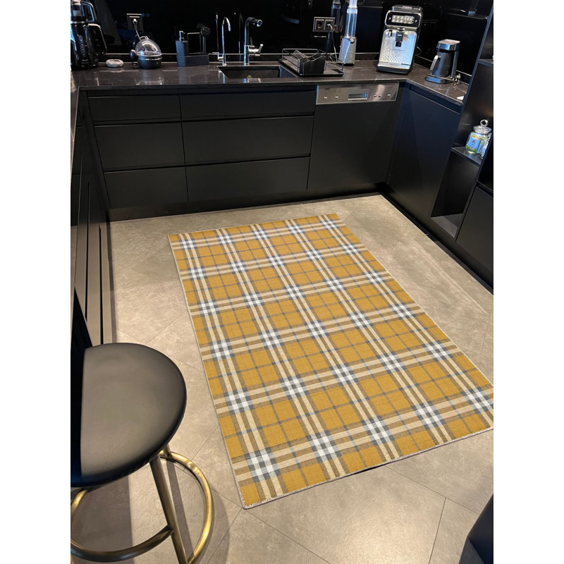 Yellow Grey Plaid Patterned Woven Base Rug, Rectangle 3'3.37" x 4'11.06"