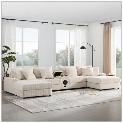 Canapé modulaire 144 * 64 po en velours côtelé avec haut-parleurs Bluetooth, canapé en U avec console, chargeur USB, porte-gobelets, rangement, repose-pieds, canapé à sièges profonds et larges pour salon et appartement