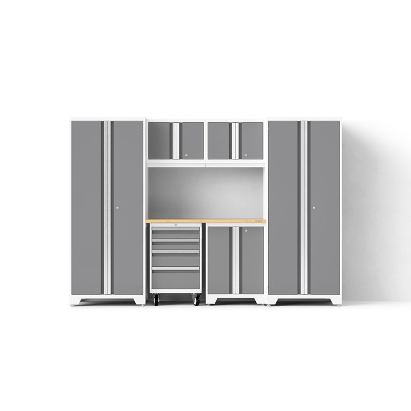 Ensemble de 7 armoires de garage Bold XL Series Platinum avec outil, base, armoires murales, plan de travail en bambou et Casiers