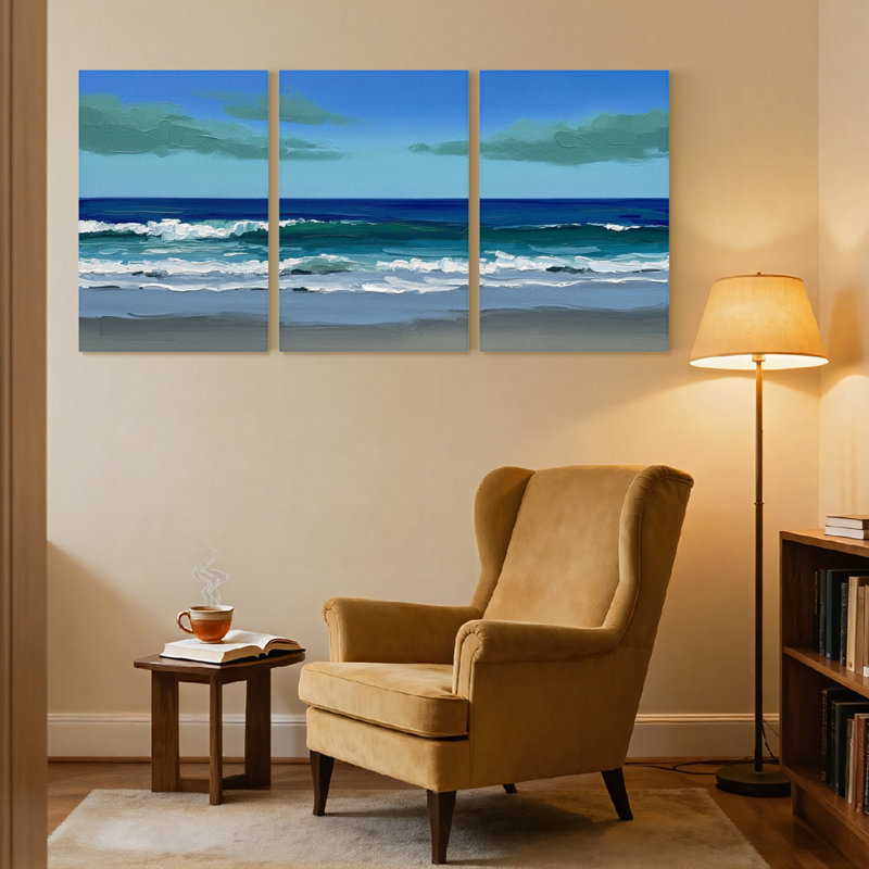 Nautique et plage, océan, vagues, ciel, nuages, plage, sable, eau, ensemble de 3 impressions sur toile, H 30 po x l 60 po