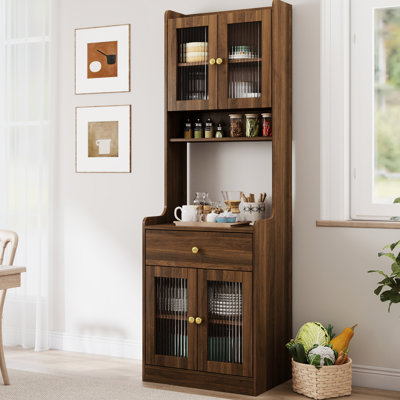 Freestanding Kitchen Pantry Cabinet - Buffet With Microwave Stand, 2 Storage Cabinets, 1 Drawer, Open Compartment, 15mm Particle Board, 3mm Back Walnu by Winston Porter
