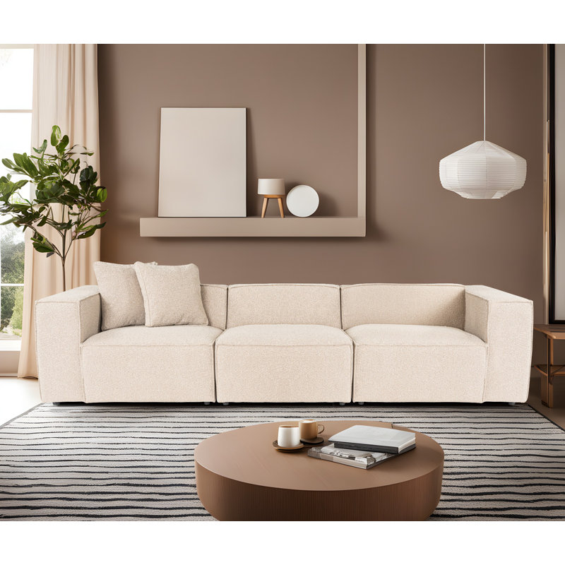 Canapé 3 places pêche, 119,3 po x 42,5 po x 25,6 po | Structure 100% charme, 100% tissu de lin, 32 sièges en mousse | Comprend 2 coussins décoratifs, une conception élégante pour le salon et des pieds en plastique durables
