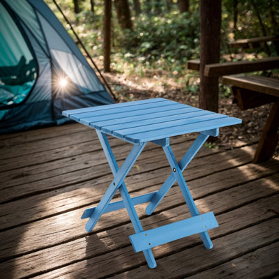 Table pliante bleue en bois massif pour patio, cour arrière - portable, espaces extérieurs portatifs peu encombrants