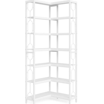 Nordic Corner Shelving, 7, White, Metal And Particle Board, Hexagonal Bookcase With Side , Space Solution, Structure, Simple Assembly, 23.72 In Wide, Deep, 79.14 Tall 7 Shelf, , White Color, Design