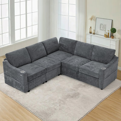Canapé-lit modulaire moderne de 84 po à 5 sièges avec dossier réglable, canapé modulaire en L en chenille avec chargement USB et lit escamotable, canapé d'angle convertible avec porte-gobelets et repose-pieds pour le salon, le bureau