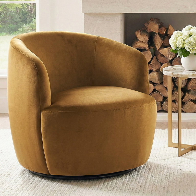 27" Wide Upholstered Velvet Small Swivel Barrel Accent Chair, Golden