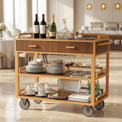 40.1'' Wide 3-Tier Rolling Bar Cart with 2 Drawers and Locking Wheels