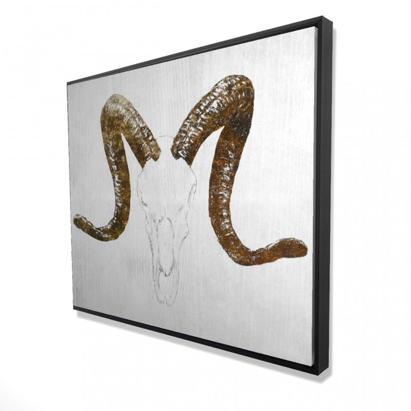 Aeries Skull with Brown Horns - Rustic Beige Framed Canvas
