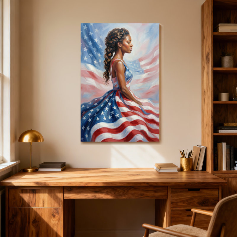 «Fashion American Flag Woman Dress», reproduction d'art, H 16 po x l 24 po