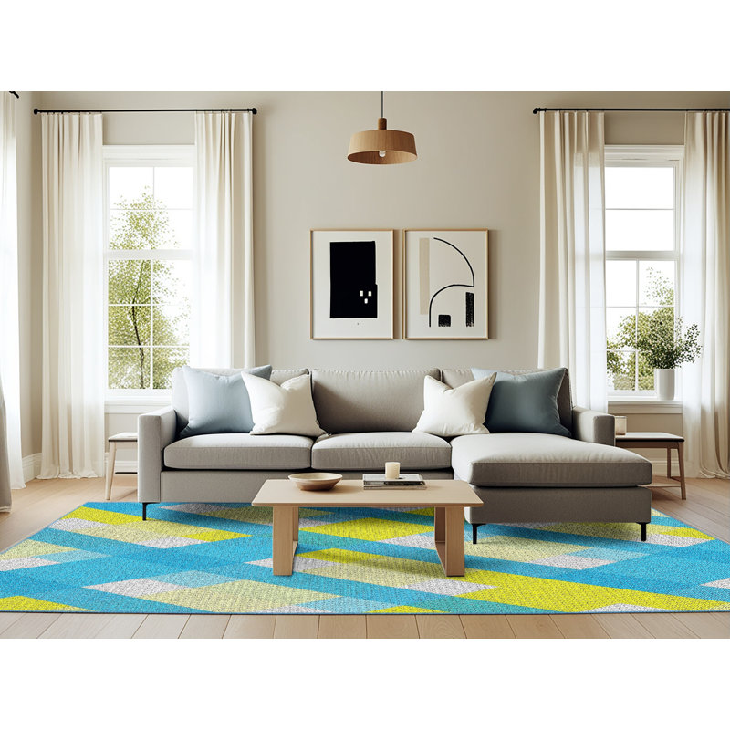 Tapis bleu/jaune tissé à la machine, Rectangle 6 pi x 9 pi