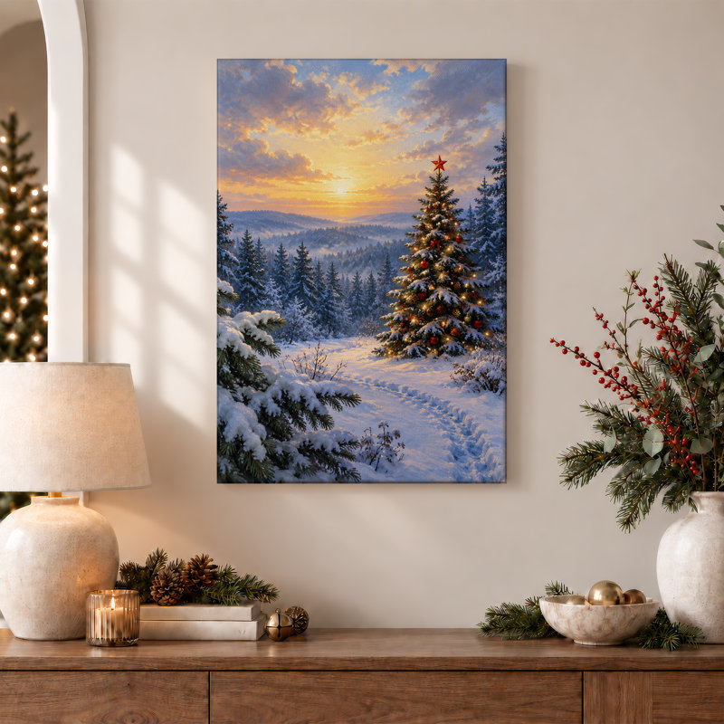 Decorated Tree in Snowy Forest at Sunset Christmas Canvas Wall Art, H 24 po x l 16 po
