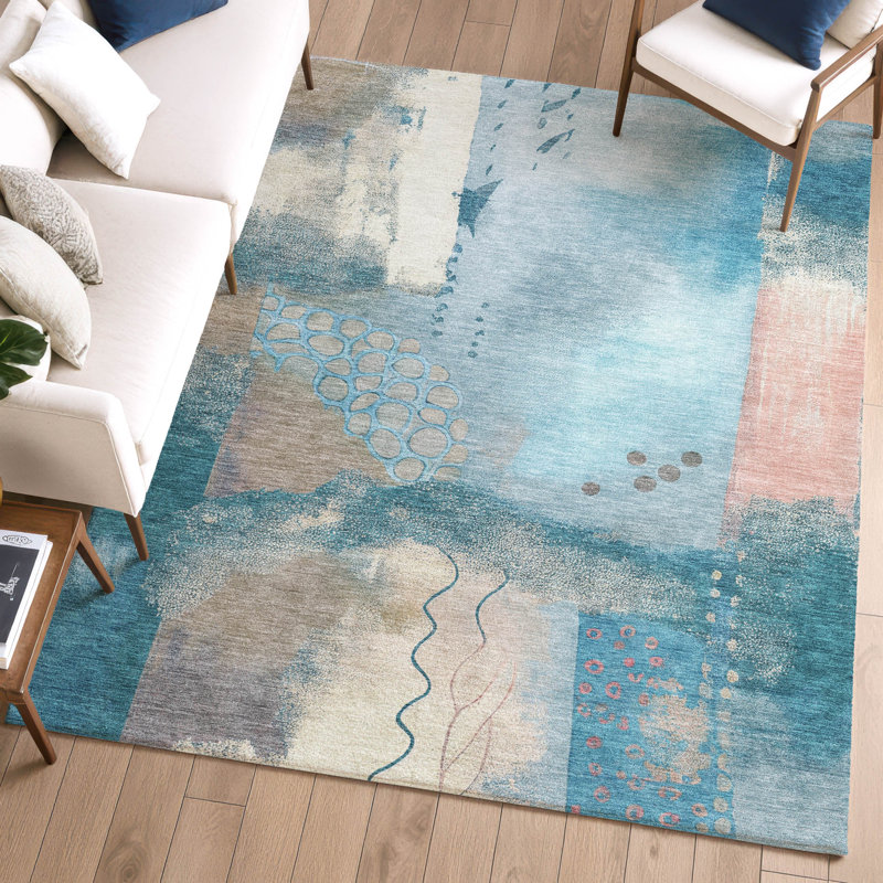Tapis moderne lavable à la machine de qualité supérieure Mayfield AMF2127, Sarcelle, 10 pi x 14 pi