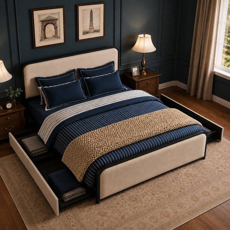 Lit plateforme avec rangement Henos, Beige, Très grand