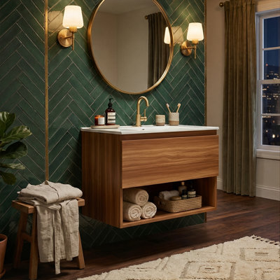 24"/30" Modern Fluted Floating Vanity, Natural Walnut Wall-Mounted Cabinet With Ceramic Sink & Drawer Dividers