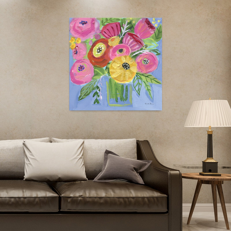Bouquet contemporain lumineux avec art bleu vif, H 32 po x l 32 po