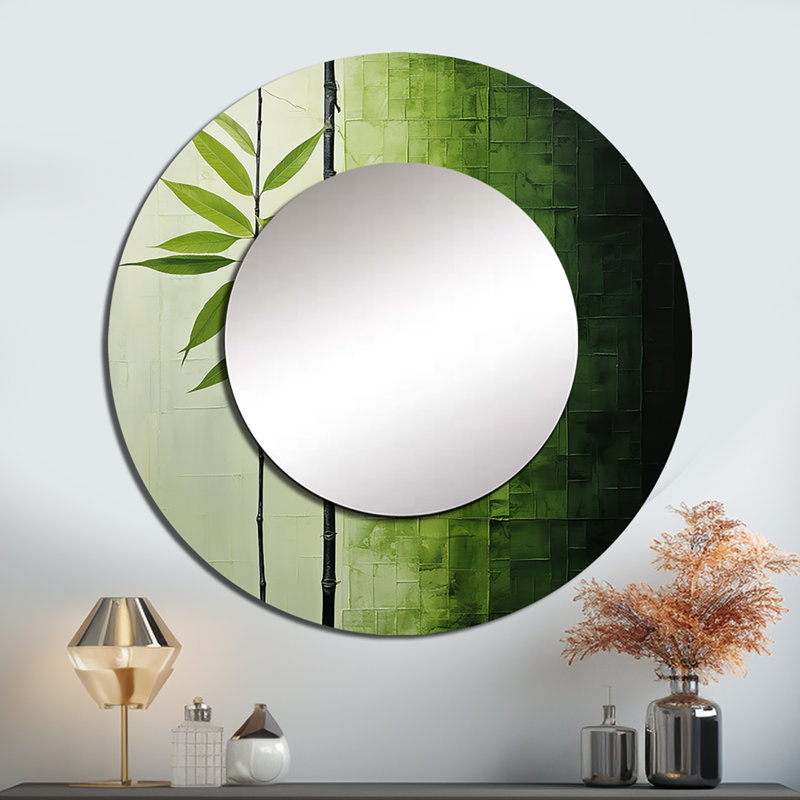 «Green Ferm Simple Collage III - Leaves Unique Wall Mirror», miroir rond vert, impression sur métal, 29 po x 29 po