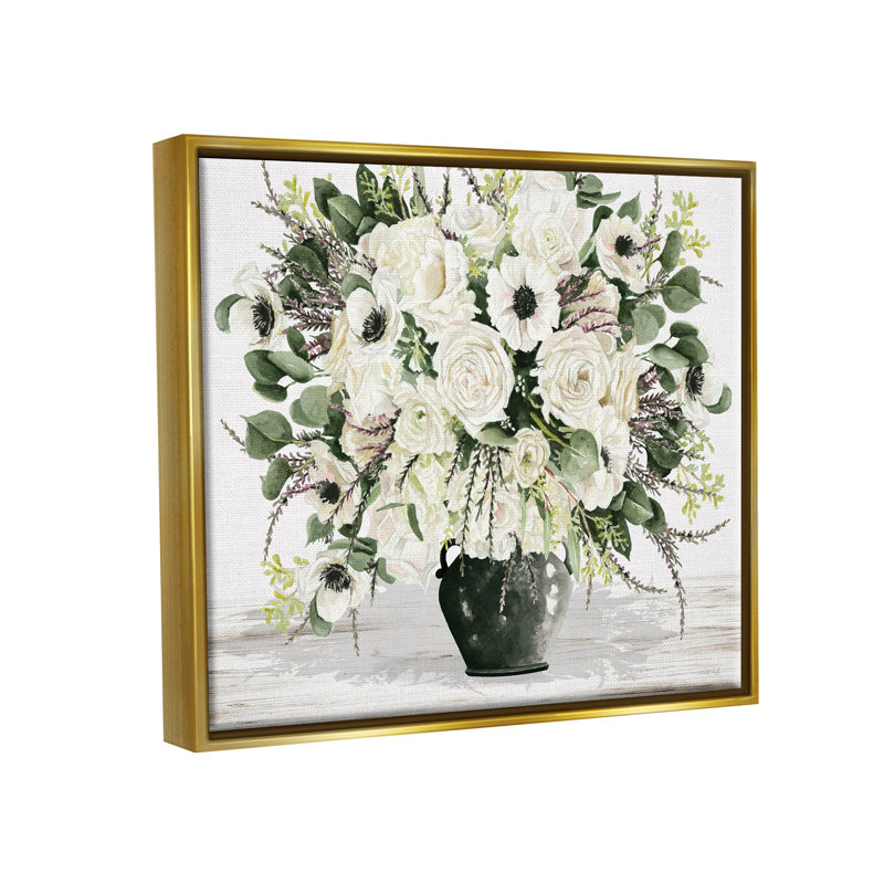 White Blooming Blossoms Botanical Canvas Print with Gold Frame