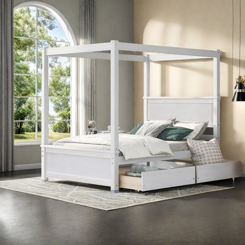 Lit double à baldaquin compact avec rangement, bois massif et bois aggloméré, conception moderne pour la maison