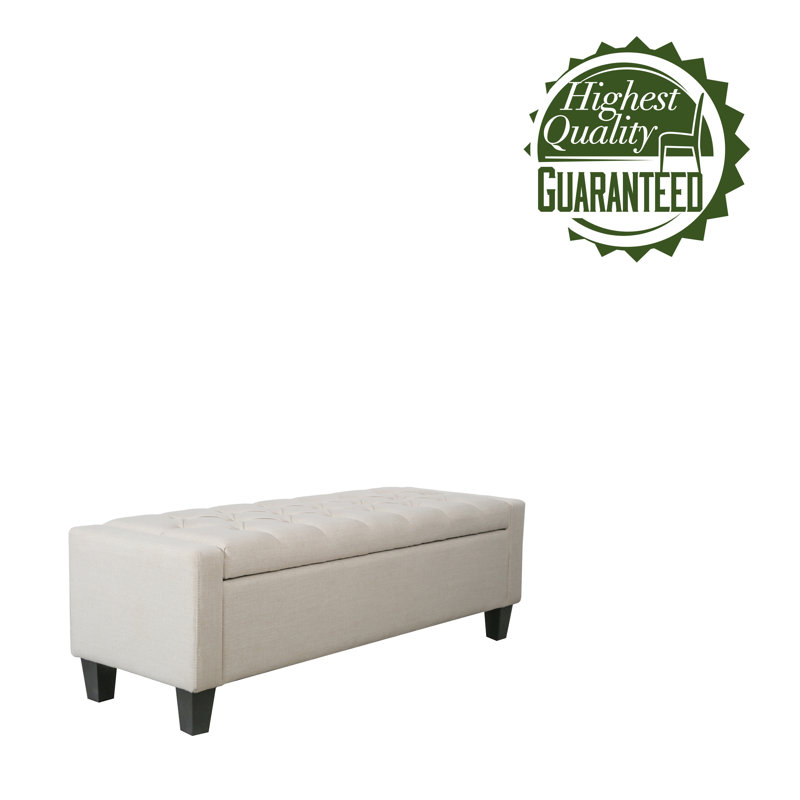 Beige Fabric Button Tufted Storage Bench with Hinged Lid