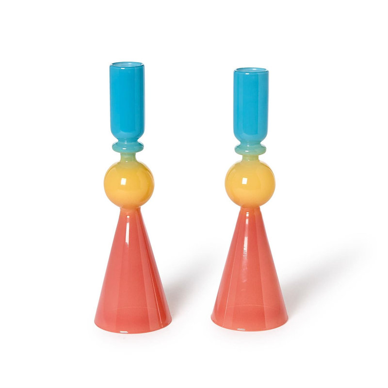 Ensemble de 2 bougeoirs en verre multicolores décoratifs faits à la main - 12 po
