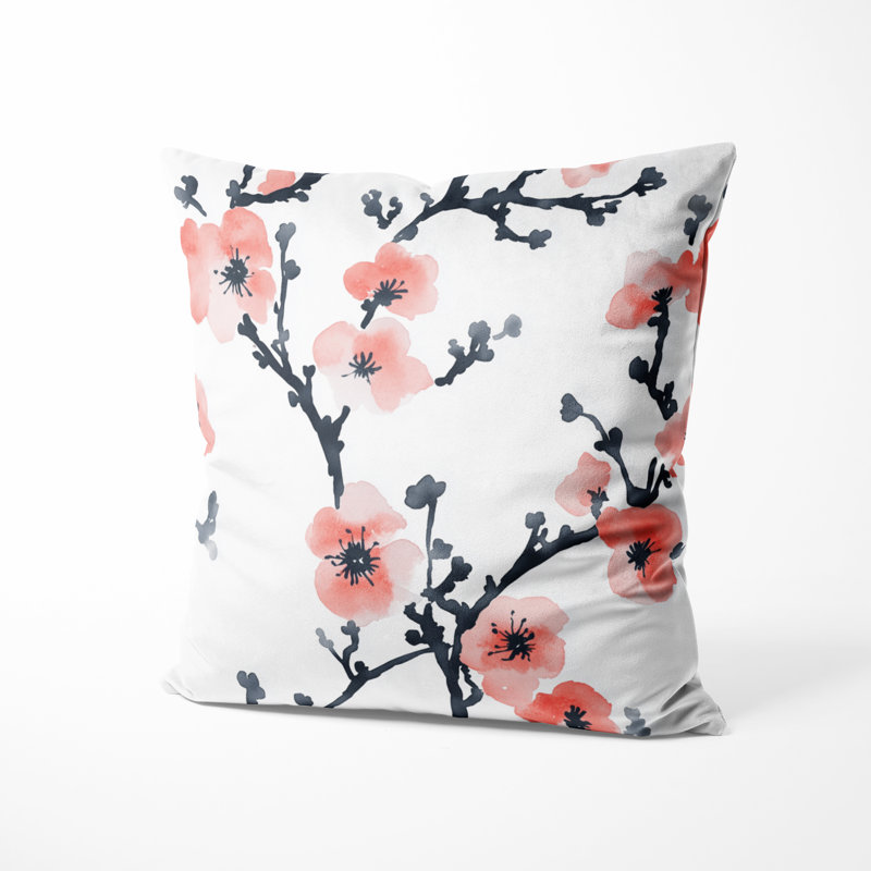 Coussin décoratif moderne - Coussin imprimé floral rose Wabi, H 16 po x l 16 po