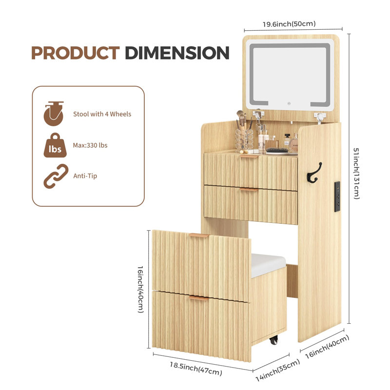 3 in 1 Vanity Desk with 3 Drawers and Rolling Stool, Compact Vanity with Flip Top Mirror and Lights, Modern Small Makeup Vanity Table with Charging