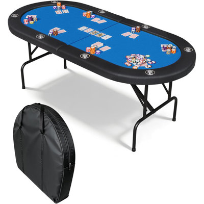 8 Player Oval Poker Table Foldable, 72" Game Table with Padded Rails, Cup Holders & Storage Bag
