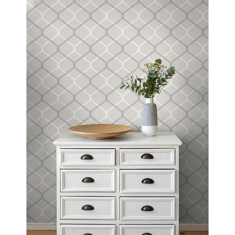 Seabrook Designs Milton Double Hexagon Unpasted Wallpaper, Fog/Metallic Ash