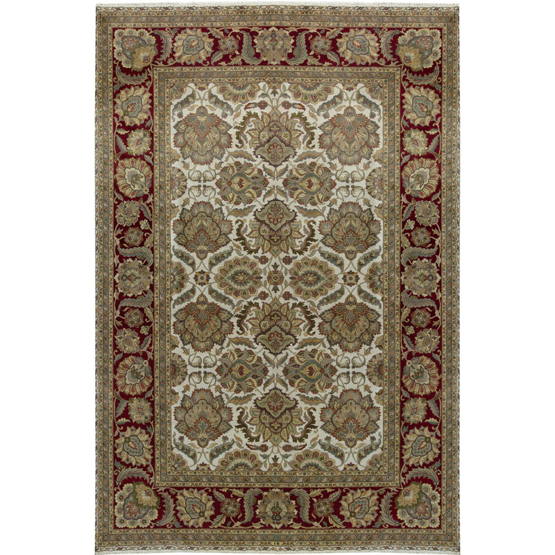 Hand-Knotted High-Quality Ivory and Red Area Rug