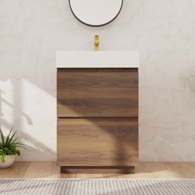 24" Single Freestanding Bathroom Vanity Set, Floor Standing Vanity With Resin Basin Sink Top, 2 Drawers