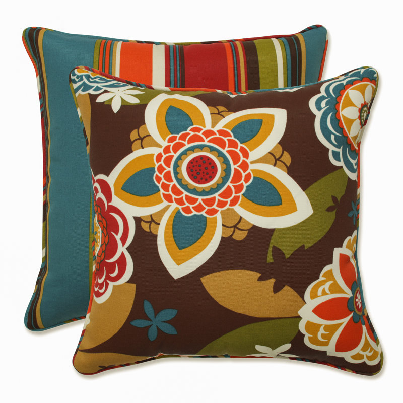 Reversible Floral and Stripe Brown/Orange Lumbar Throw Pillows, Set of 2