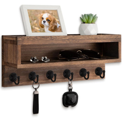 Porte-clés mural et porte-clés, porte-clés avec boîte de rangement longue et 6 crochets pour manteau, laisse pour chien, support de décoration intérieure, accessoires pour la maison, organisateur de vestibule (brun)