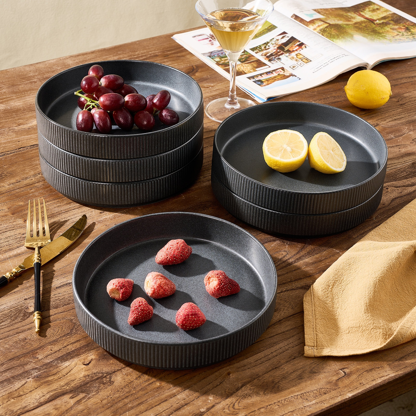 Azal Stoneware Pasta Bowl, Matte Dark Charcoal