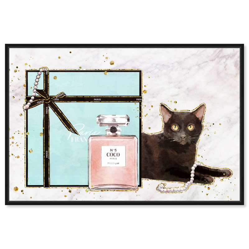 Cat Glam Blue Box - impression sur toile, Cadre flottant noir, H 30 po x l 45 po