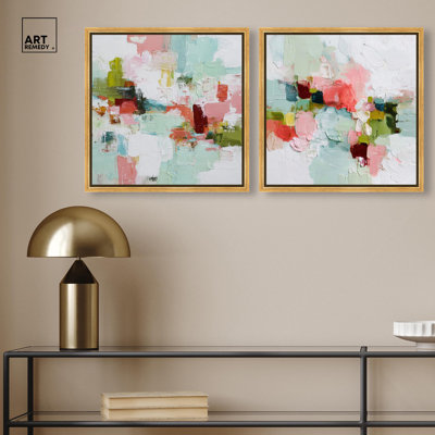 Happy Jumble & Joyful Mess Canvas Print Modern Abstract Art Set by Art Remedy, White Frame, 30 x 30