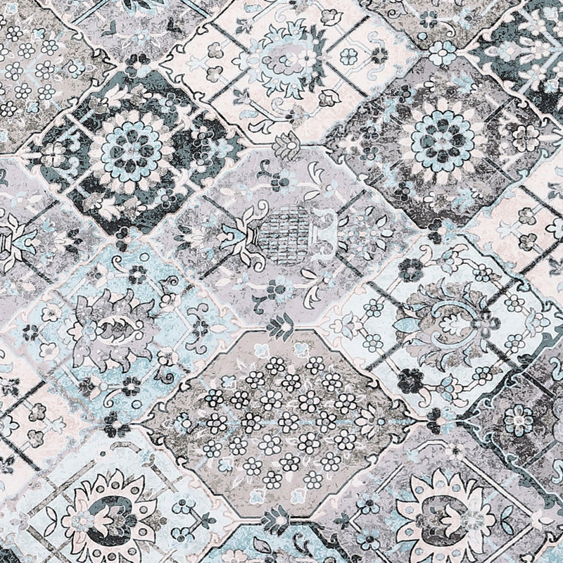 9'x12' Vintage Distressed Pattern Washable Area Rug. Non-Slip Low Pile Pearl Velvet Carpet for Living Room. Gray Green, Green