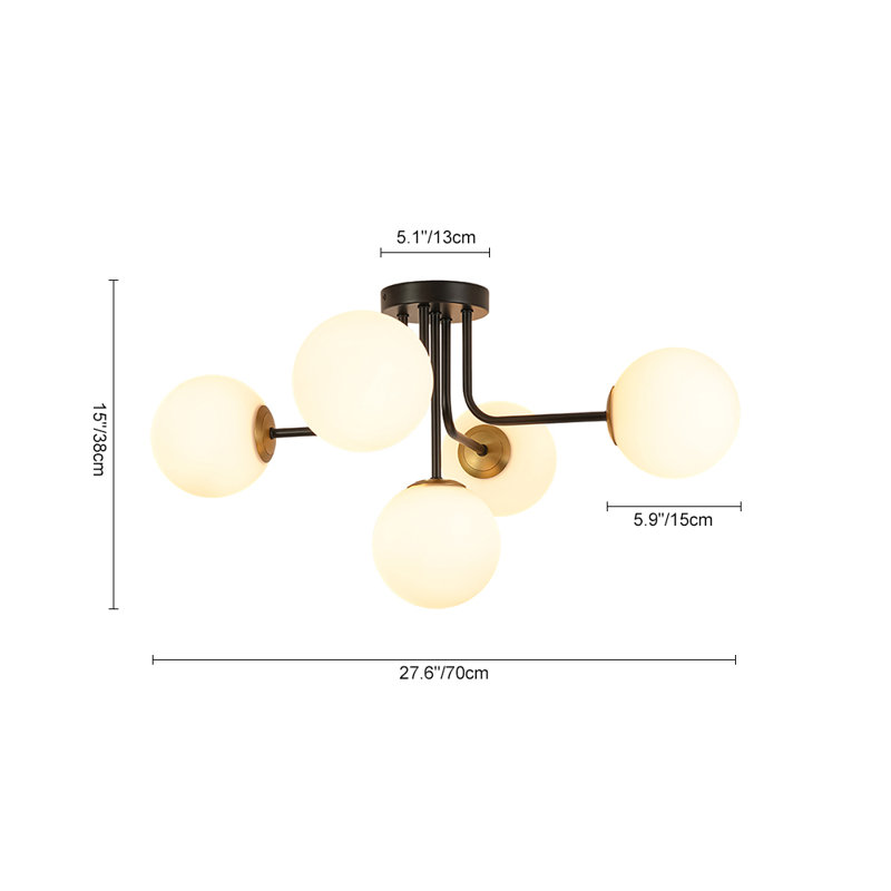 5-light Symmetrical Frosted Glass Semi-flush Mount, Black & Brass