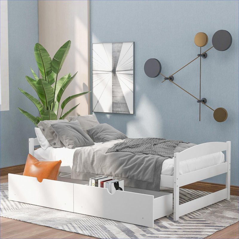 Pour les petites chambres et les espaces invités Lit plateforme simple en pin massif blanc classique avec rangement sous le lit