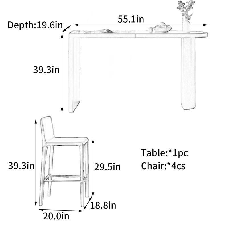 Table de bar en cuir italien, H 39,3 po x L 55,1 po x l 19,6 po