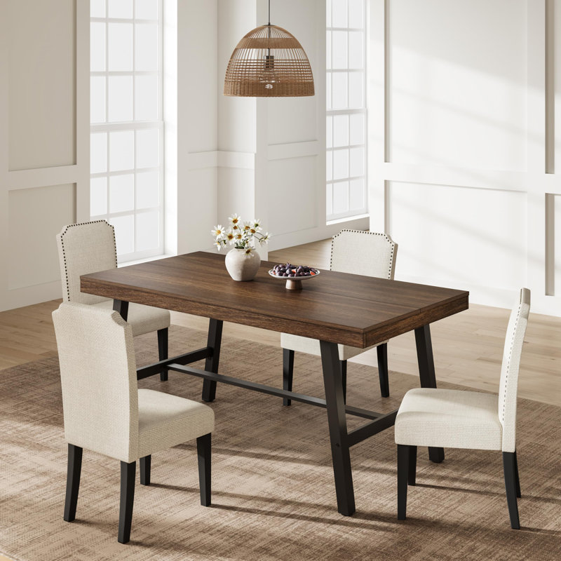 Table de salle à manger industrielle pour 4-6 à 63 po / 55,1 po, plateau en bois rustique et structure en métal robuste, table de ferme moderne pour salle à manger, salon, assemblage facile
