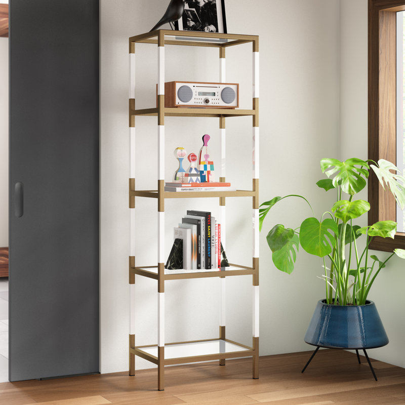 no changerthampt Metal Minimalistic 5 Tier Storage Gold Shelving Unit with Clear Glass Shelves and Acrylic Legs