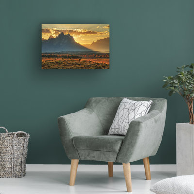 Wrapped Canvas Wall Art - Royce Bair 'Grand Teton Sunset with Buck Rail Fence' Wall Art for Living Room, Bedroom, or Office Décor  - 22x32