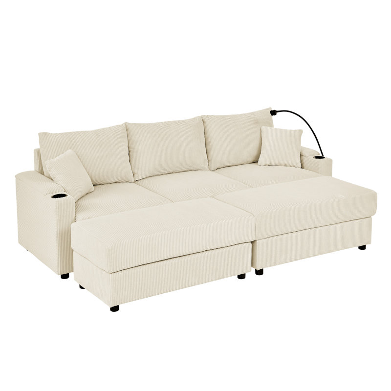 Lit moderne avec 2 repose-pieds et rangement - Velours côtelé beige, siège de 22,5 po, porte-gobelet et téléphone pour le canapé-lit en velours côtelé du salon, repose-pieds, siège profond