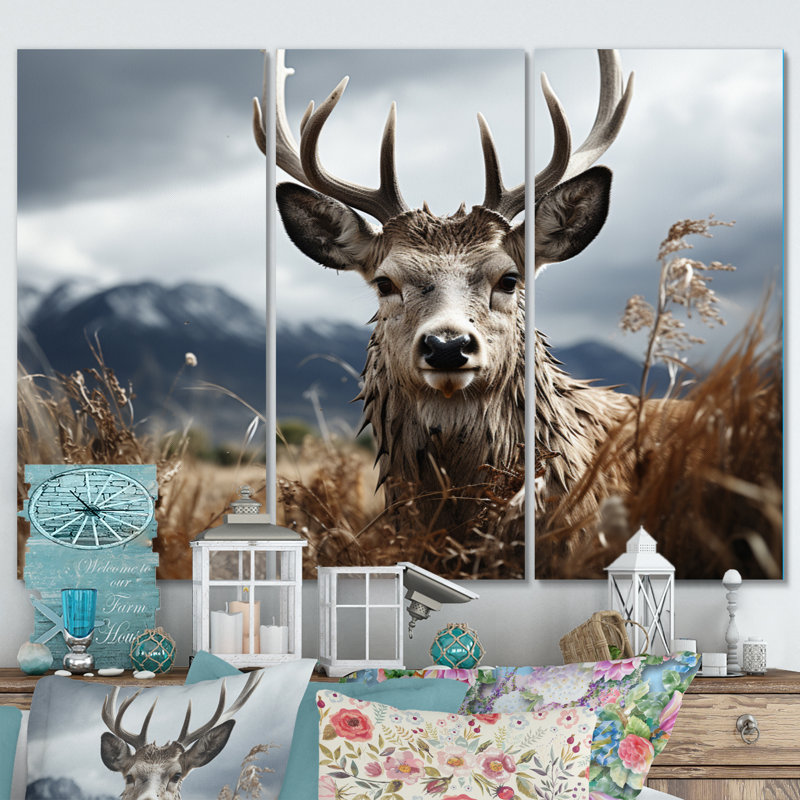 Photographie de cerf monochrome sur toile 3 pièces, H 32 po x l 48 po x P 1 po