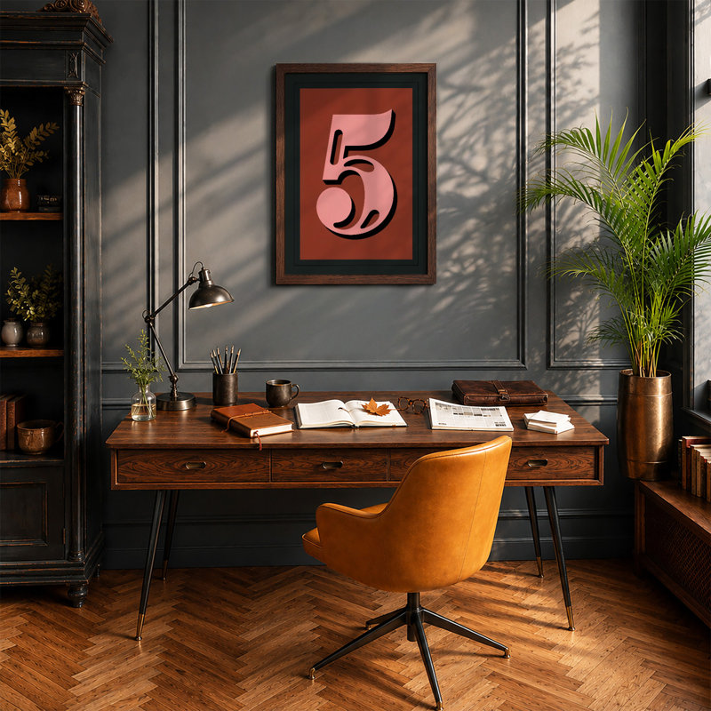 Pink Number Five Typography - Print, Walnut, A4 - 29.7 x 21.0 cm
