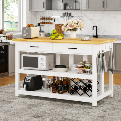 47.3" Solid Rubberwood Kitchen Island with Power Outlets - Extra Large Work Surface, 2 Drawers & Open Shelves Storage Cabinet for Kitchen Dining Room,