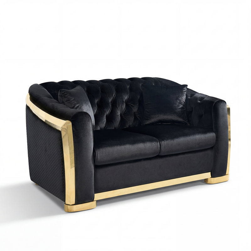 62'' Tufted Velvet Loveseat Couch With Golden Accent, Black